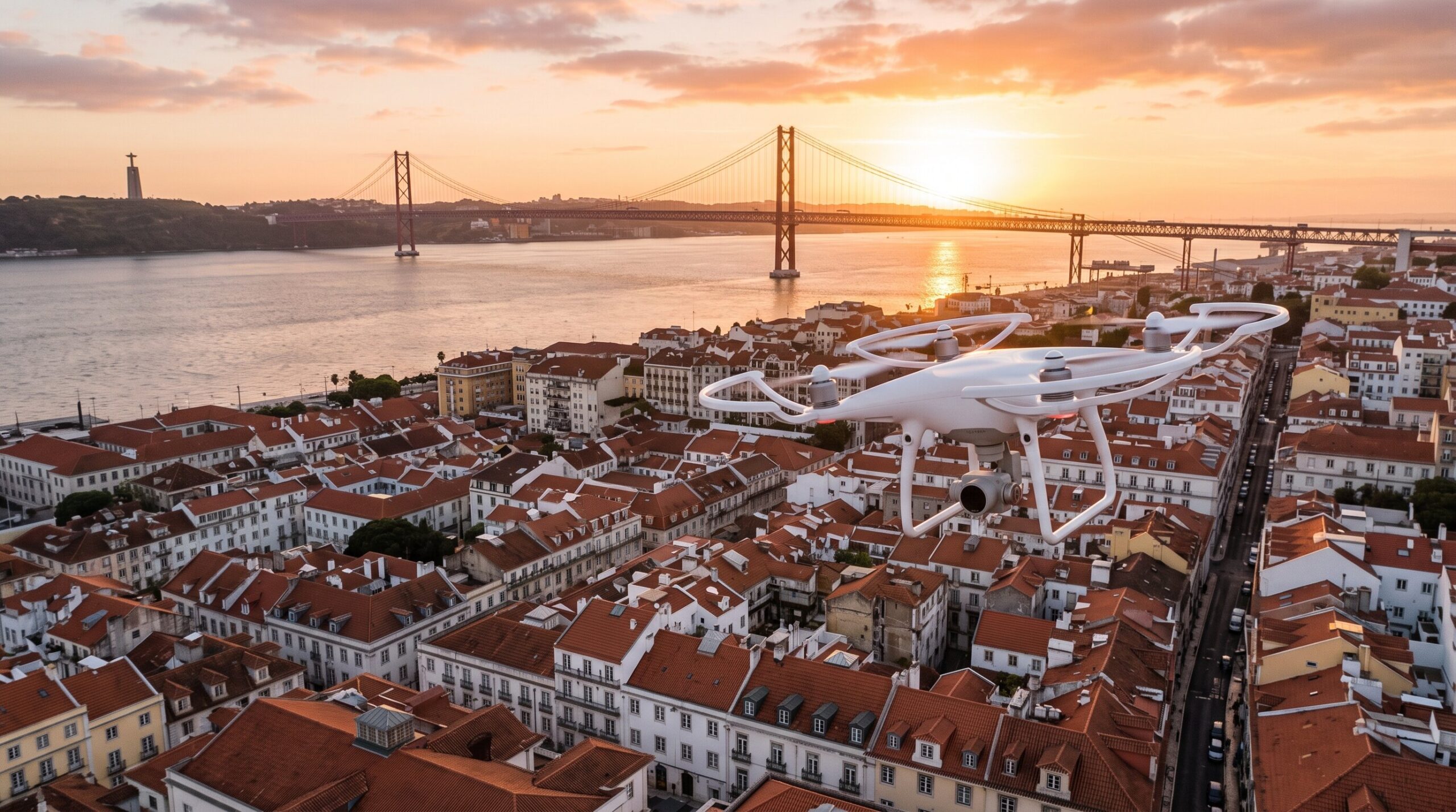 Drone branco a voar sobre os telhados de Lisboa com a Ponte 25 de Abril e o Tejo ao fundo, ao pôr do sol