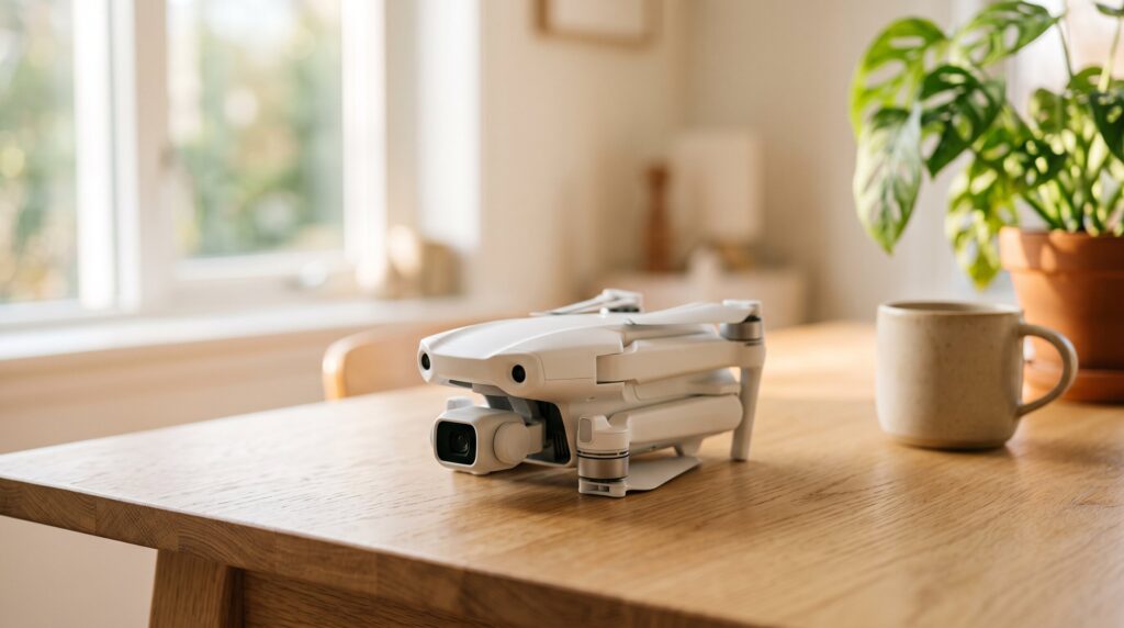 Drone branco pousado numa mesa de madeira junto a uma janela, a ilustrar o registo de drone na ANAC em Portugal