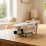 Drone branco pousado numa mesa de madeira junto a uma janela, a ilustrar o registo de drone na ANAC em Portugal