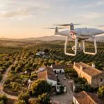 Drone branco a sobrevoar uma quinta com olival e vinha no Alentejo ao pôr do sol, a ilustrar serviços profissionais de drone